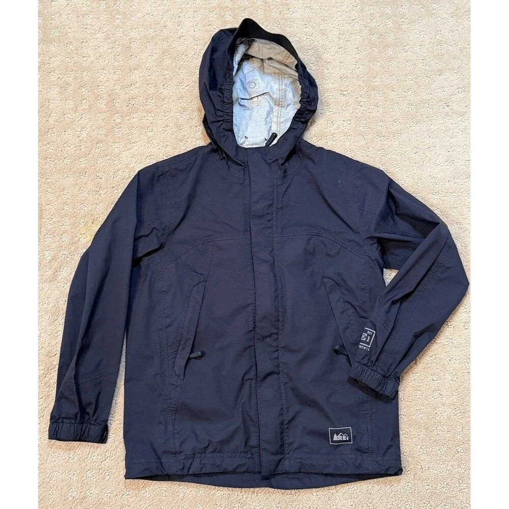 REI Jacket Boys XSmall Black Hooded Waterproof Rain Outdoor Hiking Youth READ
